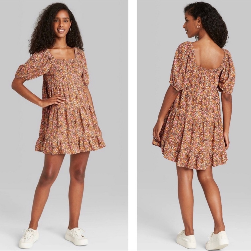 Wild Fable Brown Floral Puff Sleeve Mini Dress